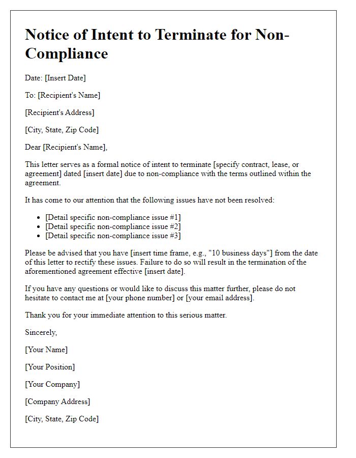 Letter template of Notice of Intent to Terminate for Non-Compliance