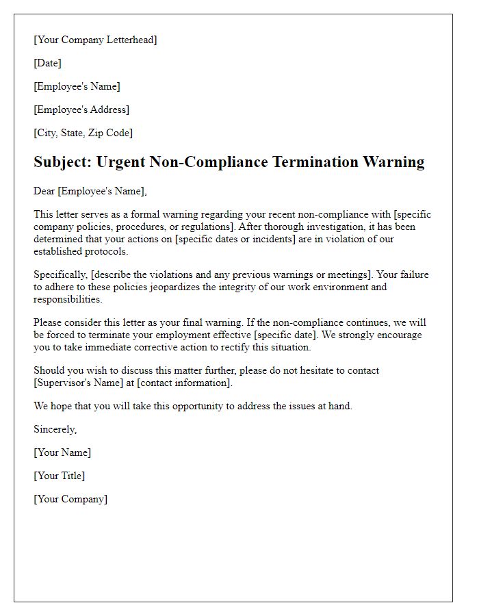 Letter template of Urgent Non-Compliance Termination Warning