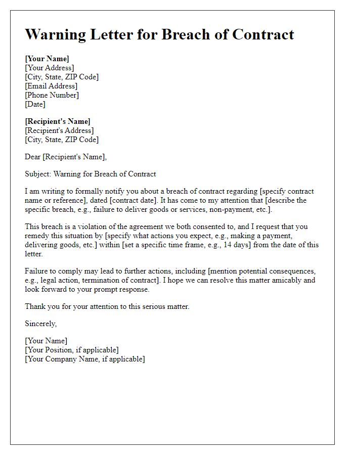 Letter template of Warning for Breach of Contract