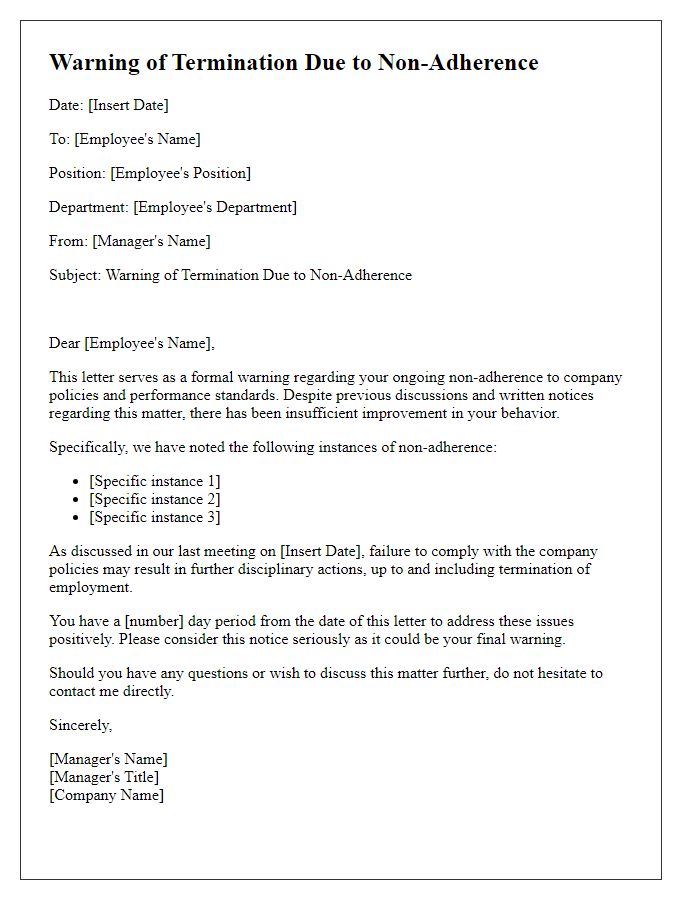 Letter template of Warning of Termination Due to Non-Adherence