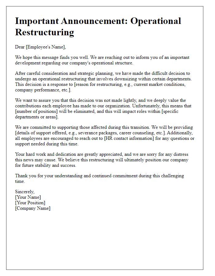 Letter template of operational restructuring downsizing announcement