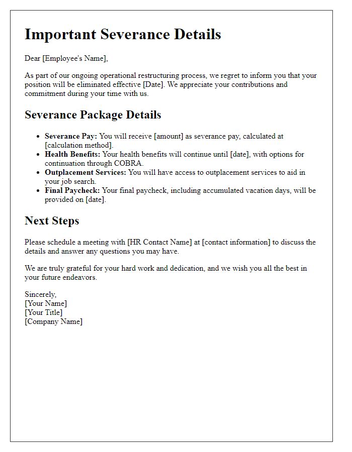 Letter template of operational restructuring severance details communication