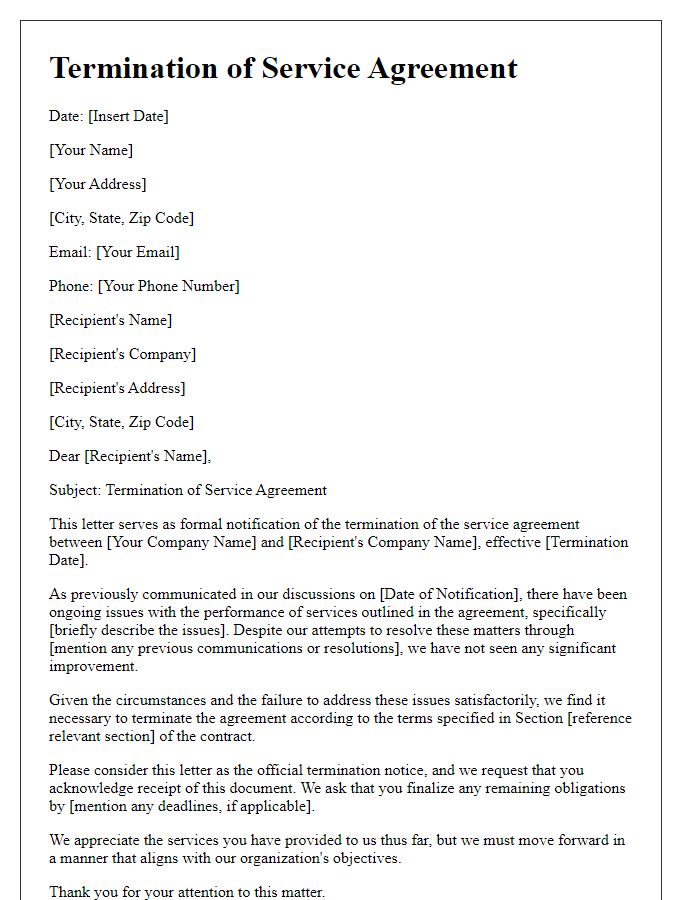 Letter template of service non-performance termination after notification of issues