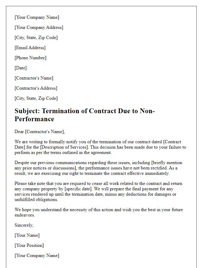 Letter template of service non-performance termination for contract breach