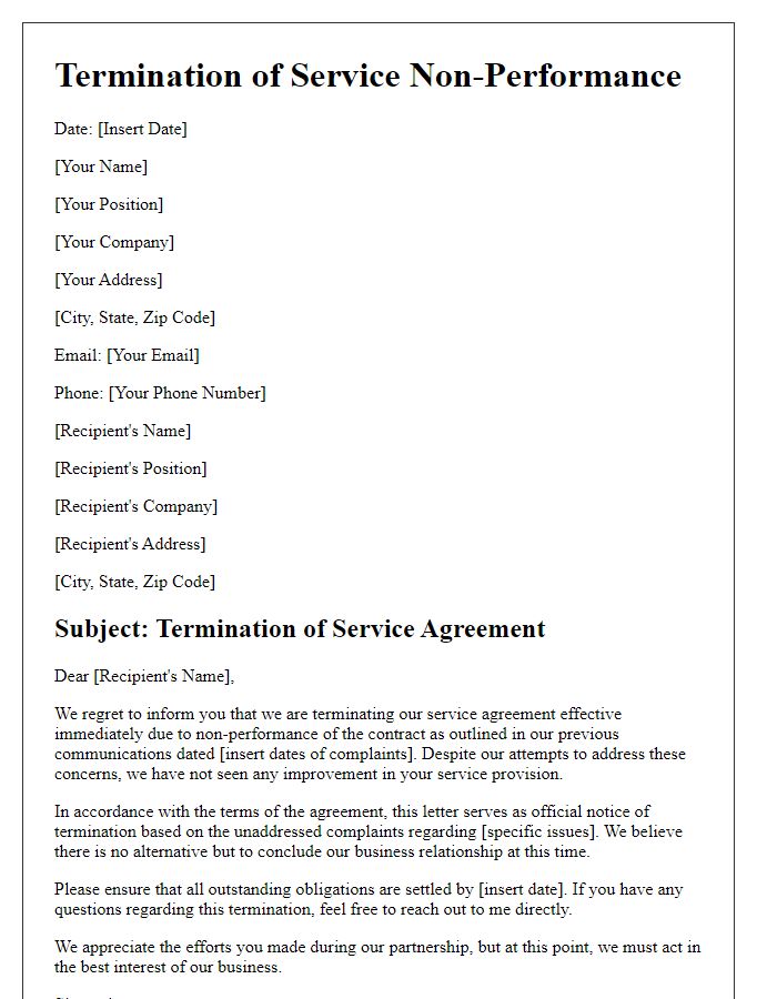 Letter template of service non-performance termination for unaddressed complaints