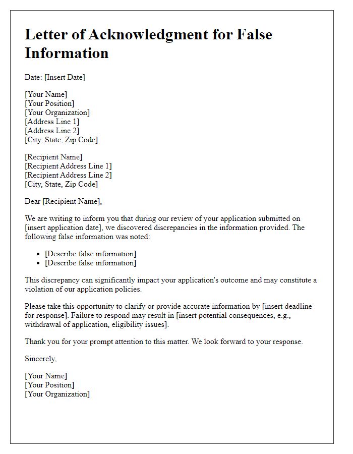 Letter template of acknowledgment for false information in application