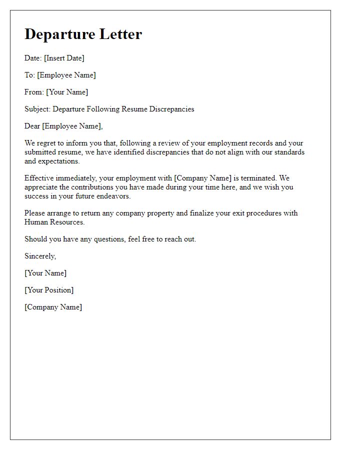 Letter template of departure following resume discrepancies