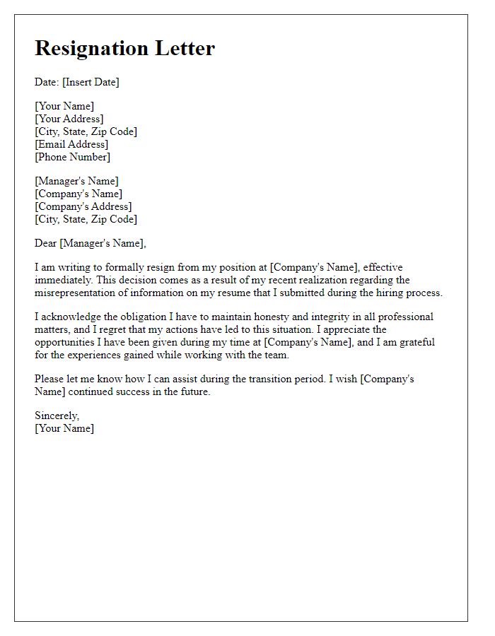 Letter template of resignation due to misrepresentation on resume