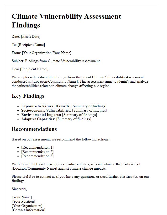 Letter template of climate vulnerability assessment findings