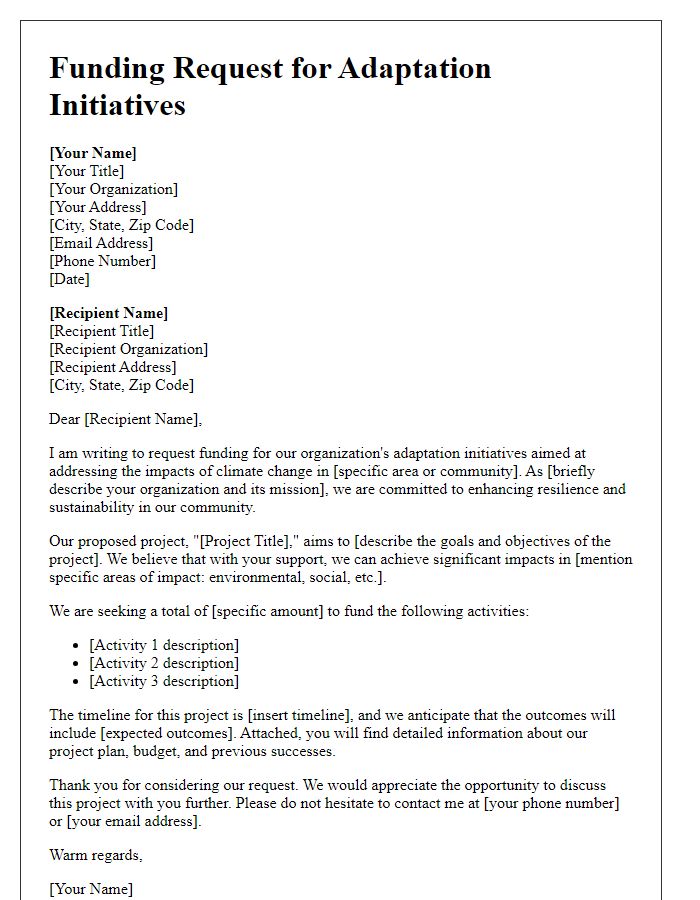 Letter template of funding request for adaptation initiatives