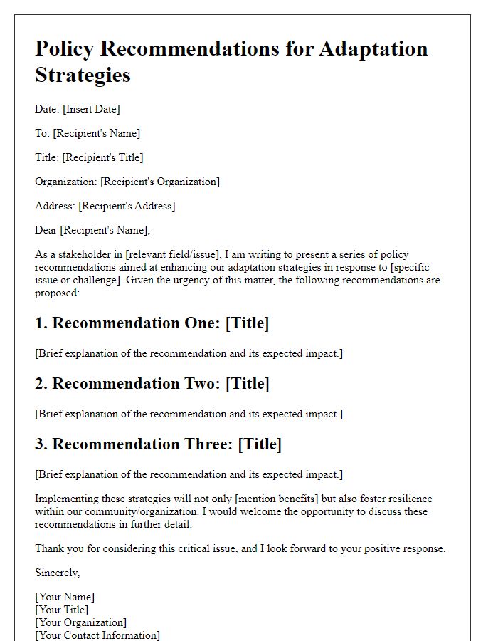 Letter template of policy recommendations for adaptation strategies