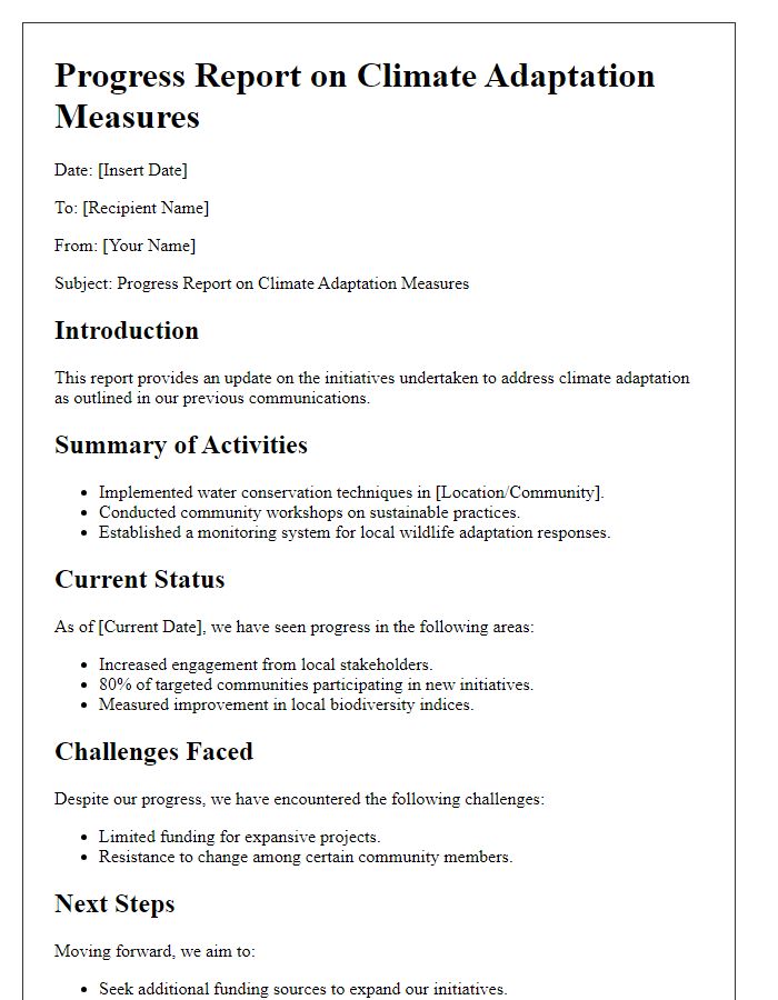 Letter template of progress report on climate adaptation measures