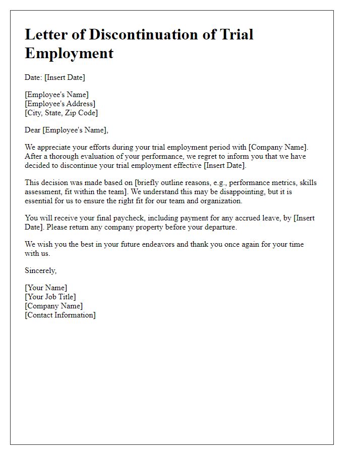 Letter template of discontinuing trial employment based on evaluation