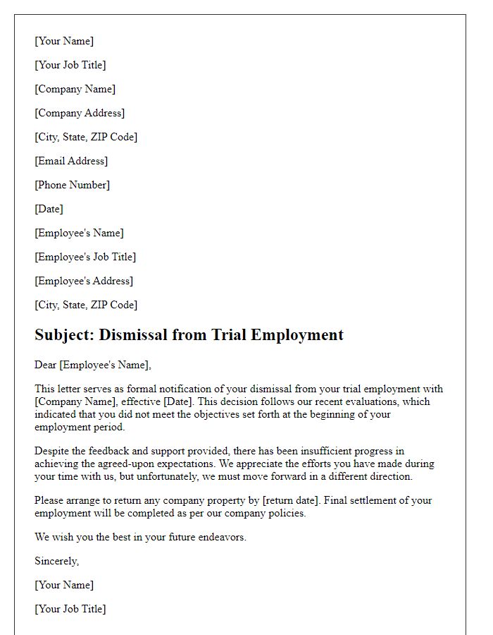 Letter template of dismissal from trial employment for missed objectives