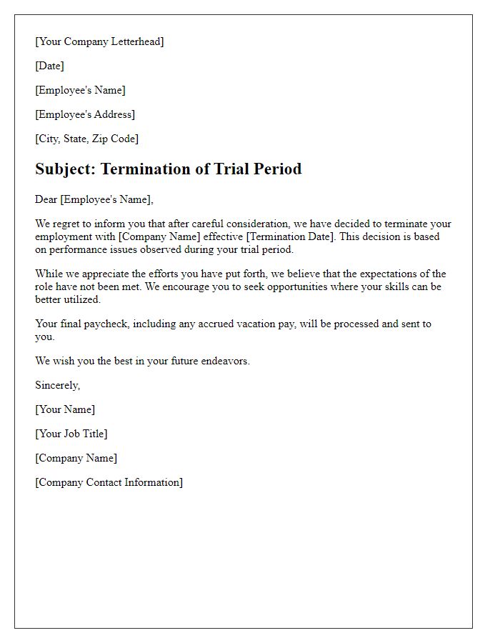 Letter template of trial period termination due to performance issues