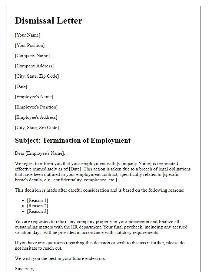 Letter template of dismissal communication for legal breach