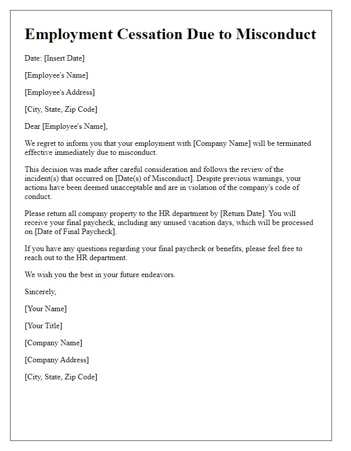 Letter template of employment cessation due to misconduct