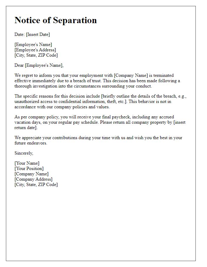 Letter template of notice of separation due to breach of trust