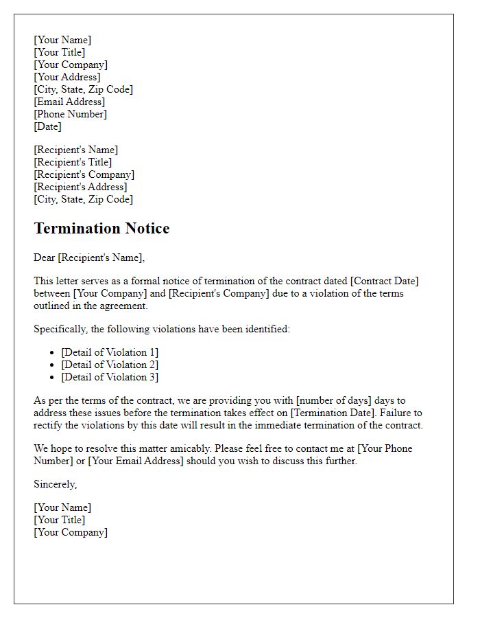 Letter template of termination notice for contract violation