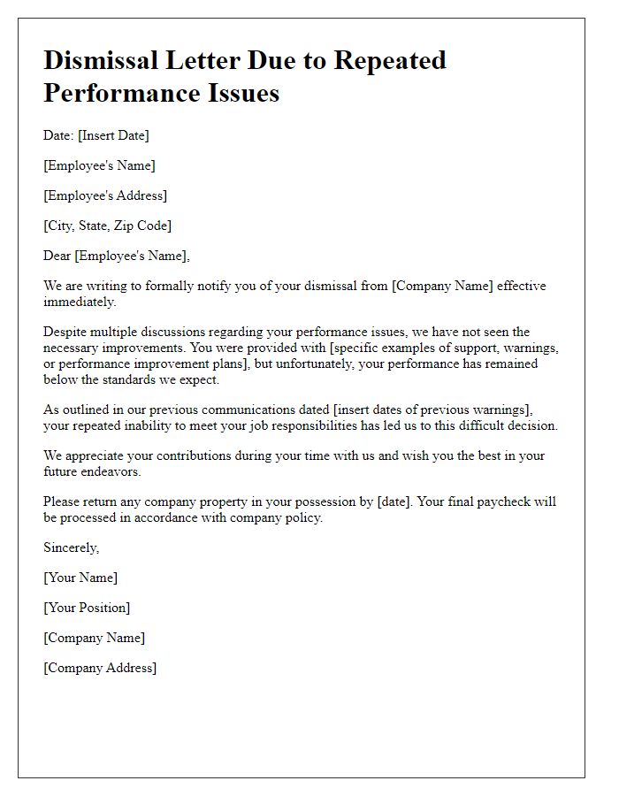 Letter template of dismissal due to repeated performance issues.