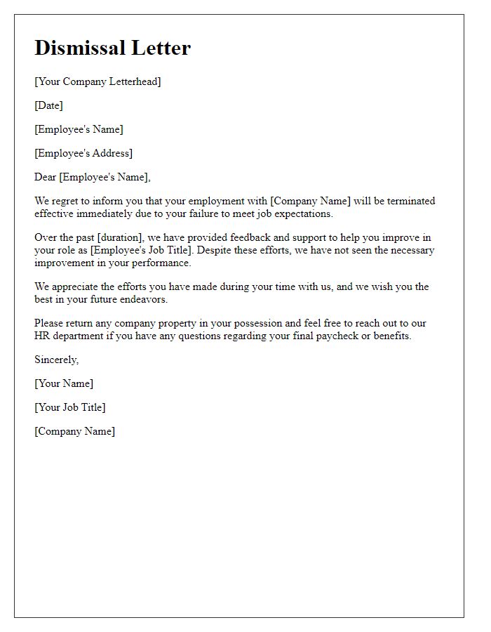 Letter template of dismissal for failure to meet job expectations.