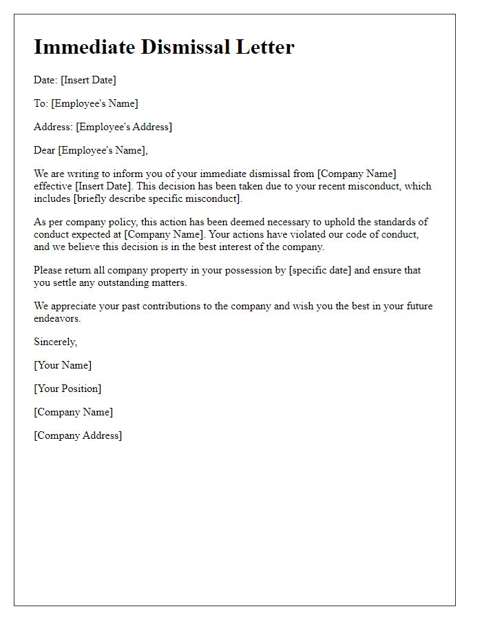 Letter template of immediate dismissal for misconduct.