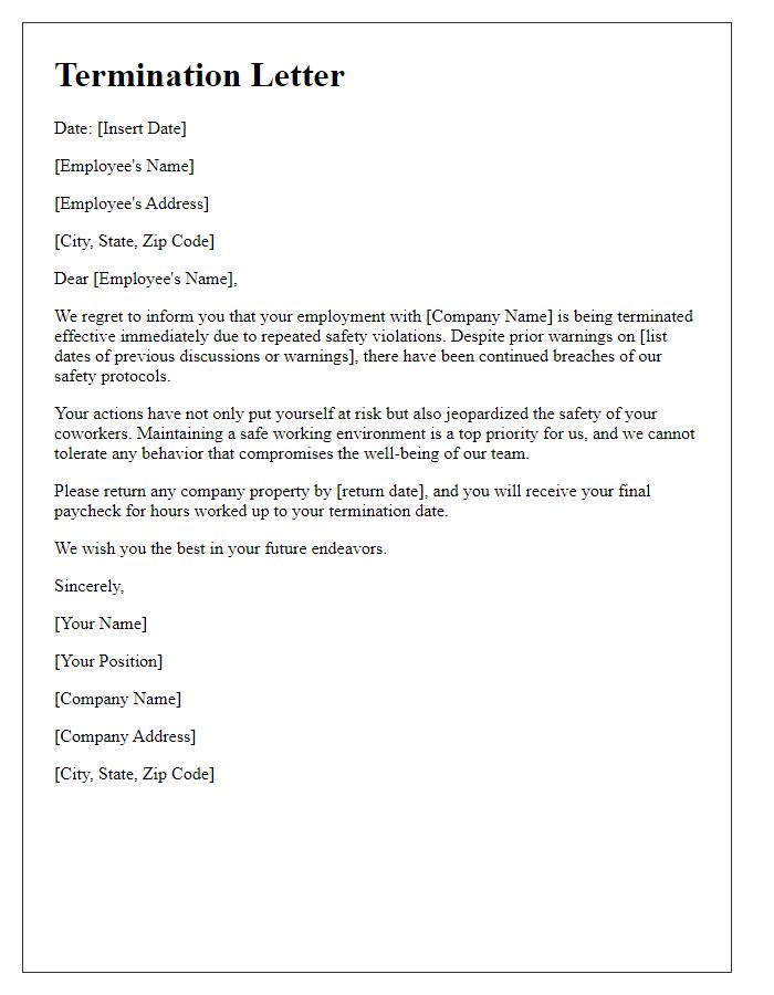 Letter template of termination for safety violations.