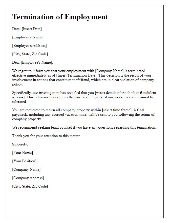 Letter template of termination for theft or fraud.