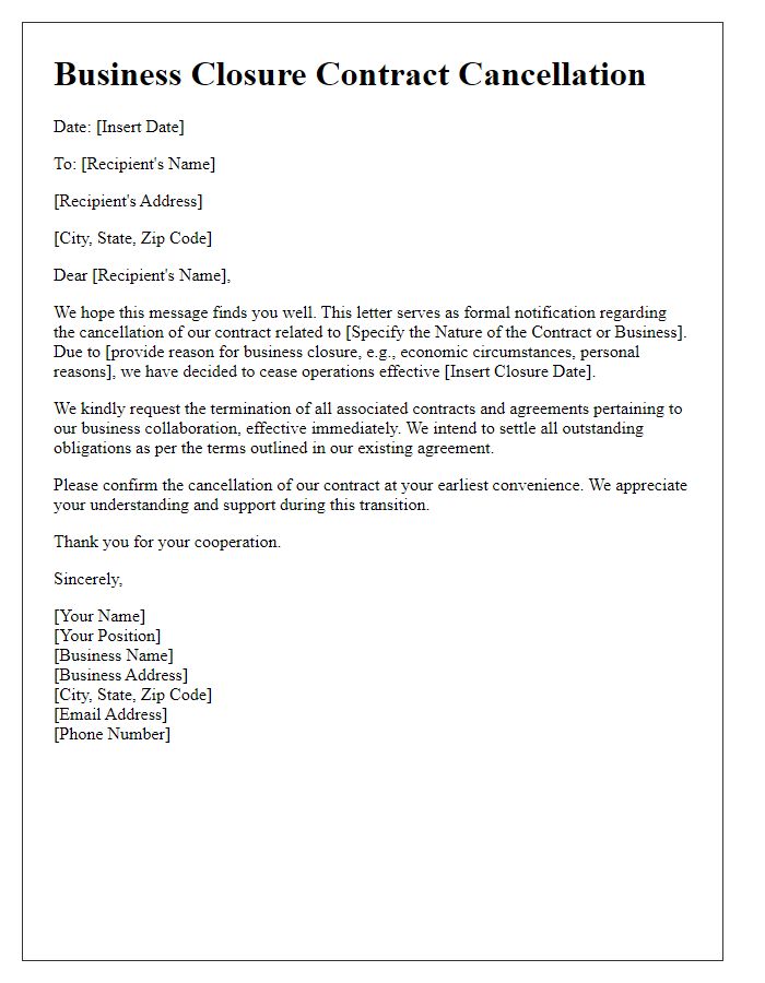 Letter template of business closure contract cancellation