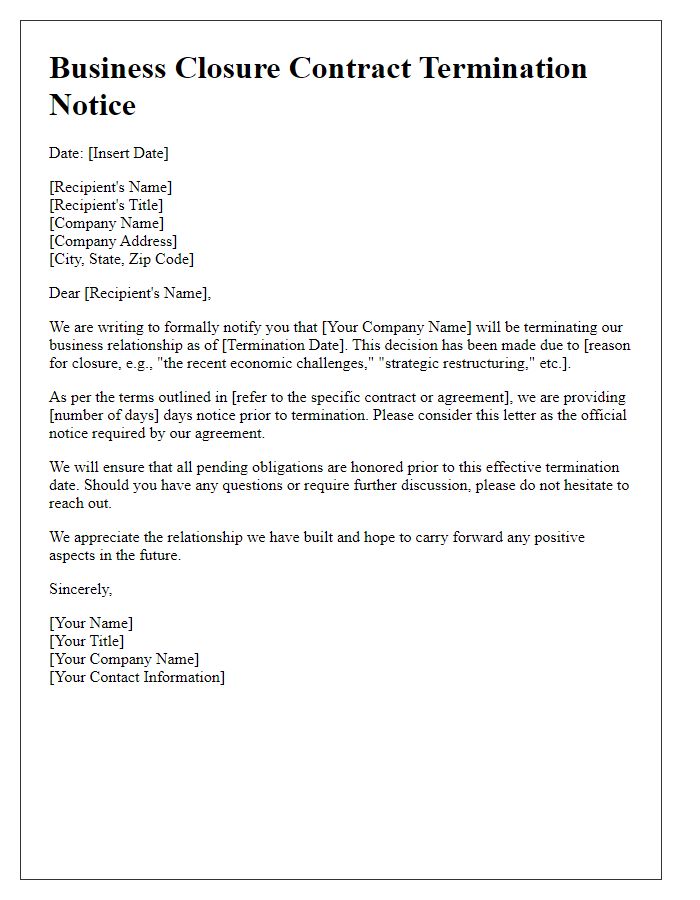 Letter template of business closure contract termination notice