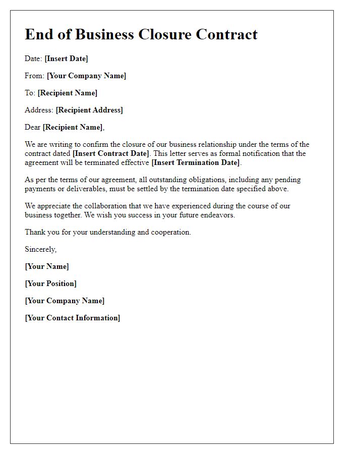 Letter template of end of business closure contract