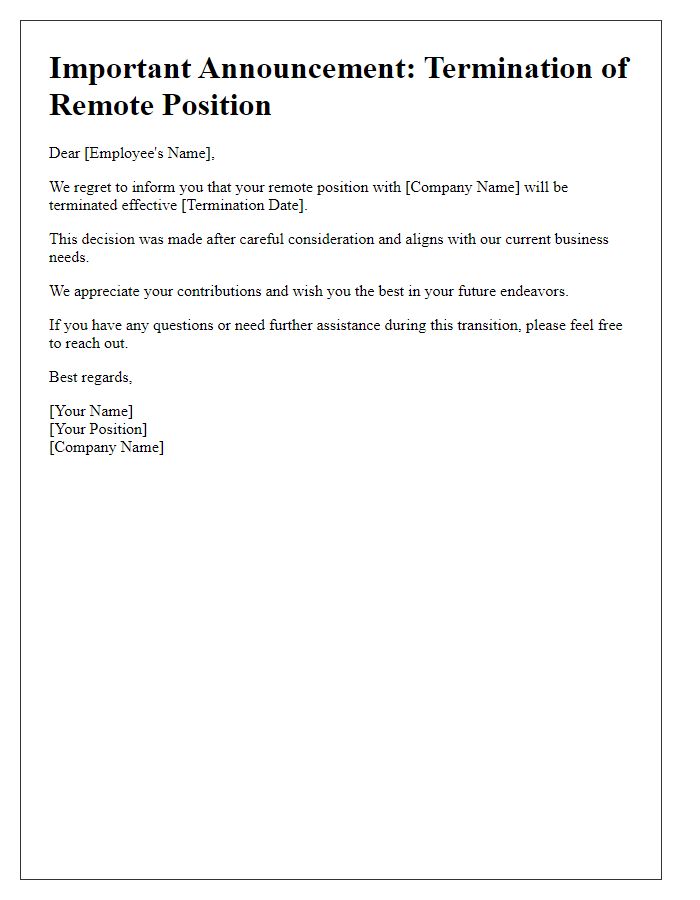 Letter template of remote position termination announcement