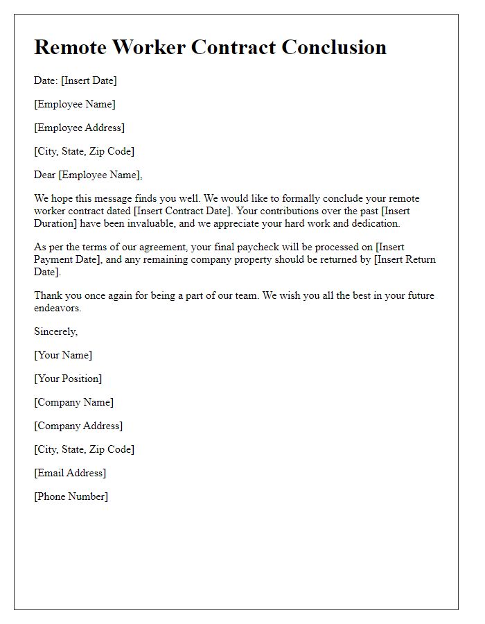 Letter template of remote worker contract conclusion
