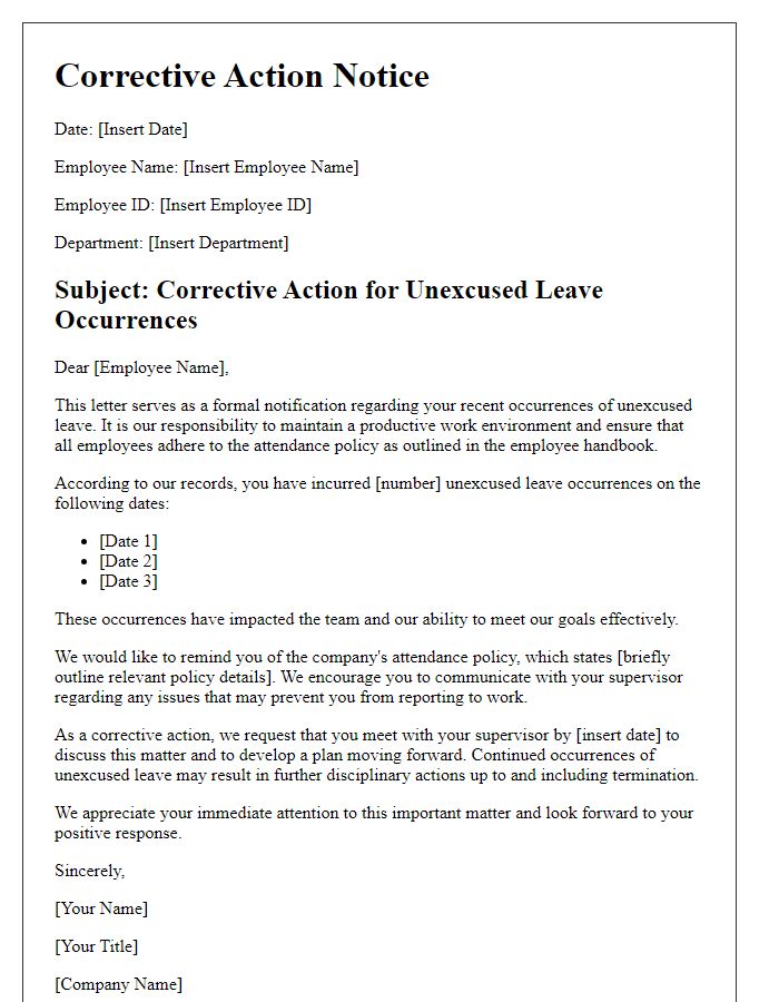 Letter template of corrective action for unexcused leave occurrences