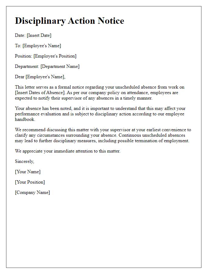 Letter template of disciplinary action notice for unscheduled absence