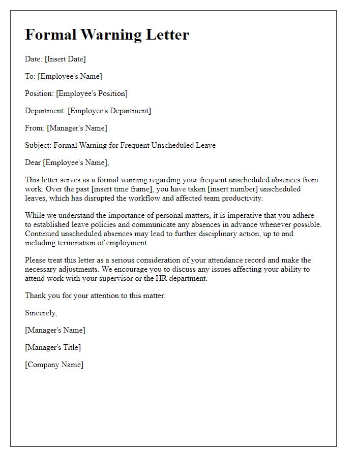 Letter template of formal warning for frequent unscheduled leave