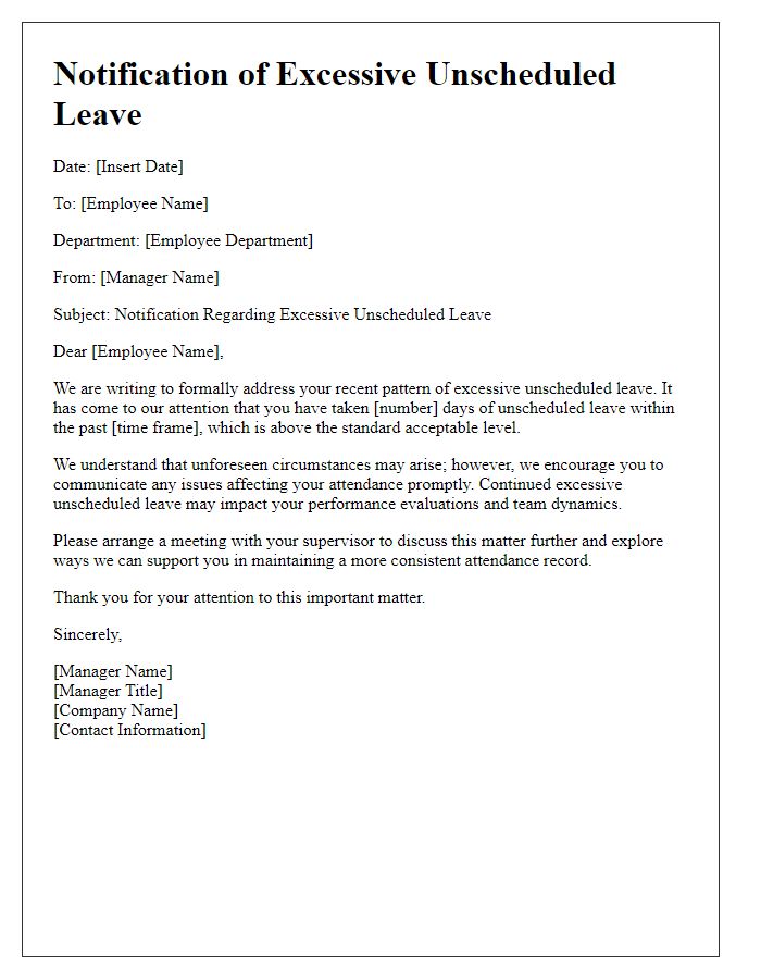 Letter template of notification regarding excessive unscheduled leave