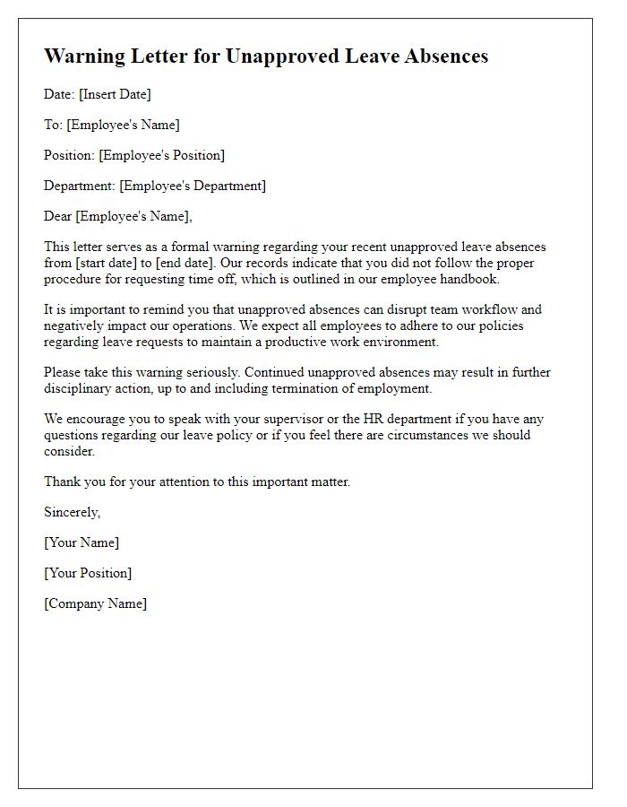 Letter template of warning concerning unapproved leave absences