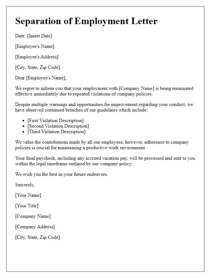 Letter template of separation from employment for frequent violations.