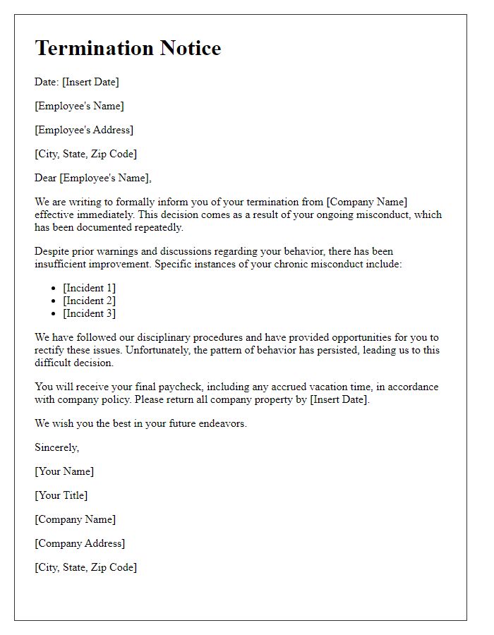 Letter template of termination notice for chronic misconduct.