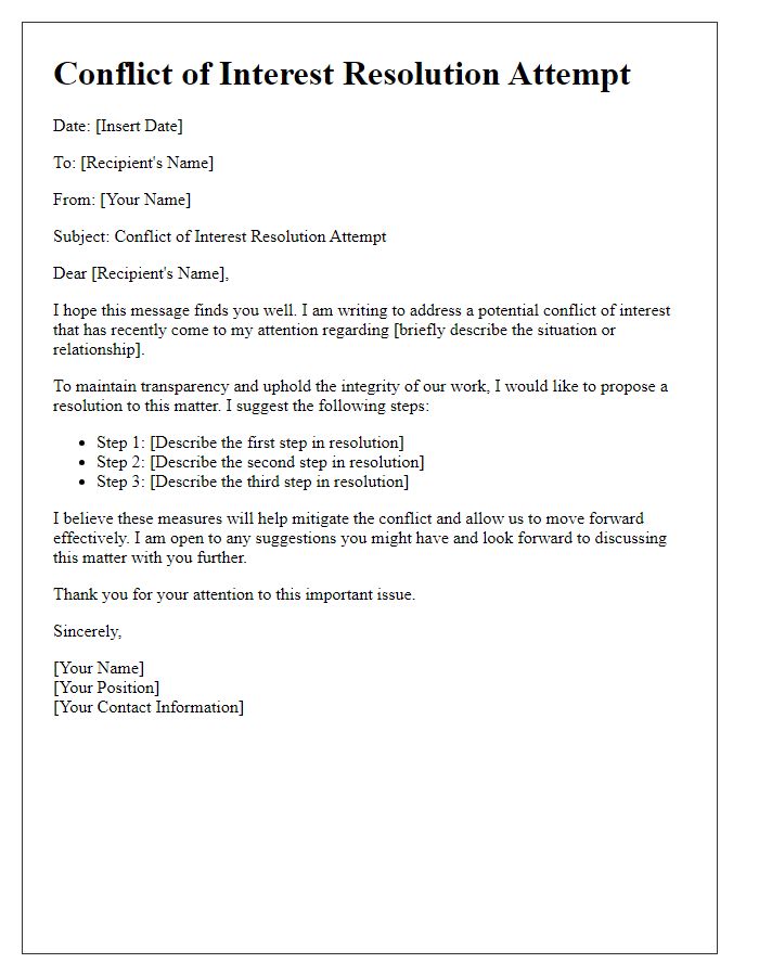 Letter template of conflict of interest resolution attempt
