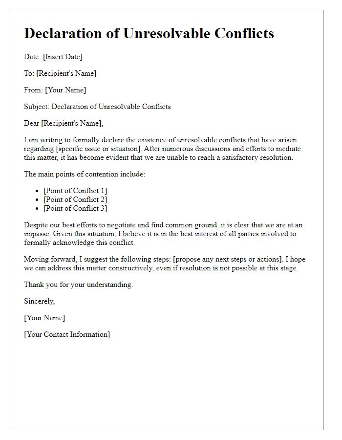 Letter template of declaration of unresolvable conflicts