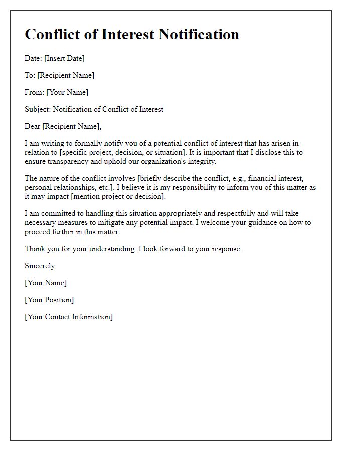 Letter template of notification for conflict of interest