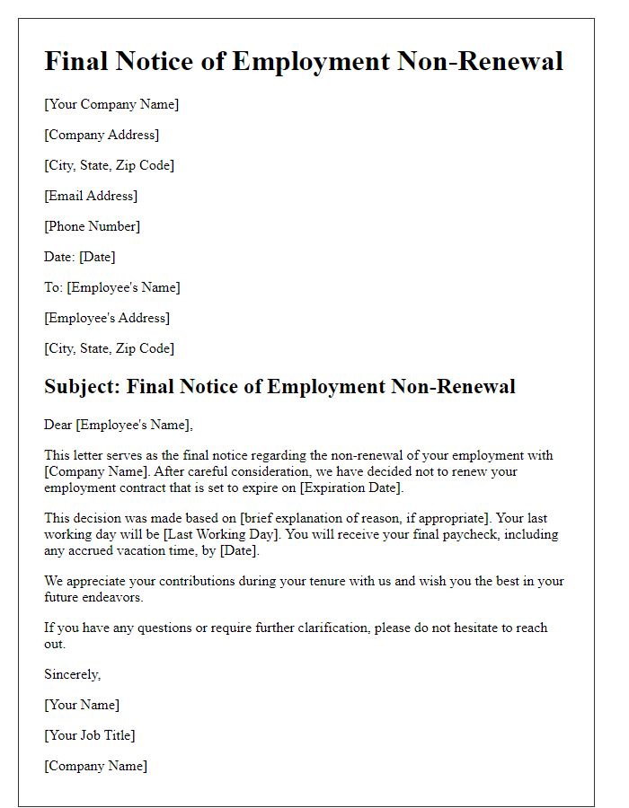 Letter template of final notice for employment non-renewal.