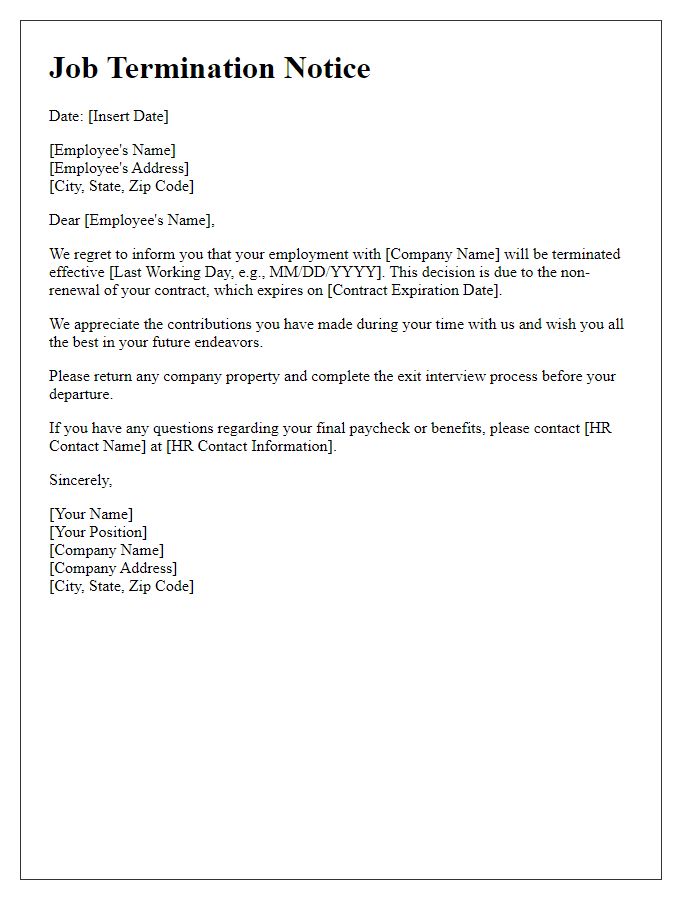 Letter template of job termination due to contract non-renewal.