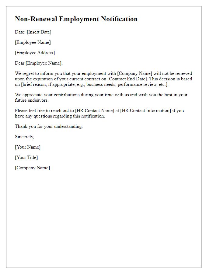 Letter template of non-renewal employment end notification.