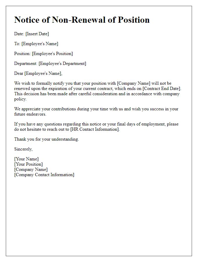 Letter template of notice regarding non-renewal of position.