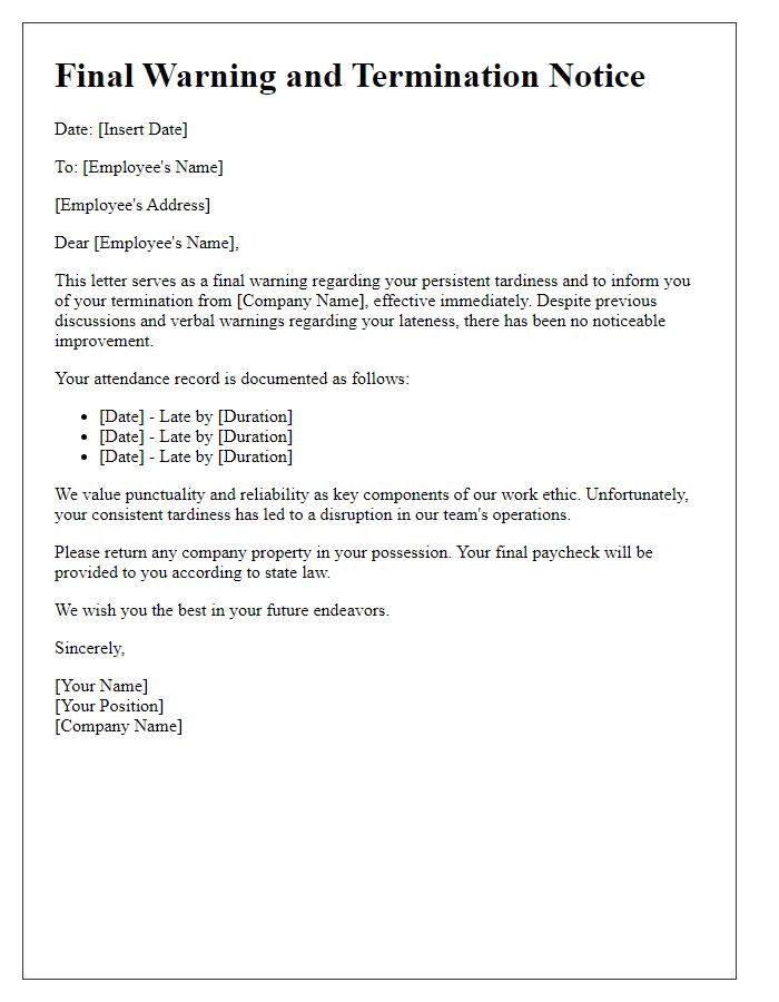 Letter template of final warning and termination for persistent tardiness.