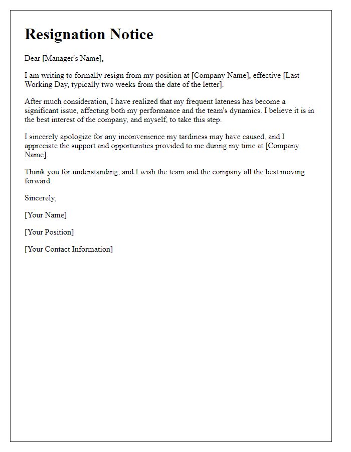 Letter template of resignation notice due to frequent lateness issues.