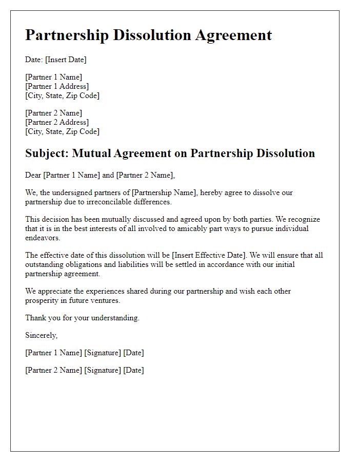 Letter template of mutual agreement on partnership dissolution from irreconcilable differences.